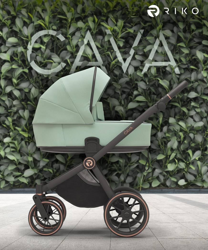 Riko Cava Sage wózek 3w1 – nowoczesny wózek dziecięcy w odcieniu miętowej zieleni, idealny do miasta i na spacer, dostępny w Dadi-Shop.